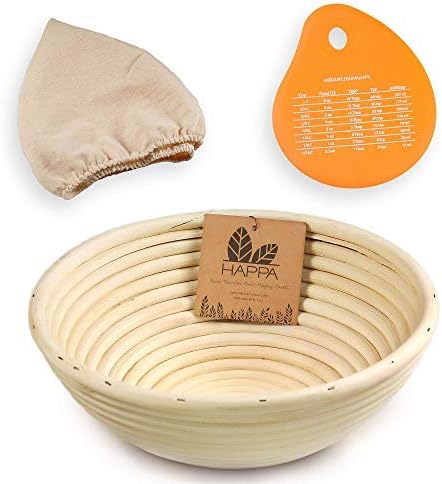Banneton Bread Proofing Basket Set Round Natural Rattan Bread proofing Brotform + Linen Cloth Liner + Silicone Dough Scraper - for Professional & Home Sourdough Proofing - 9 inch