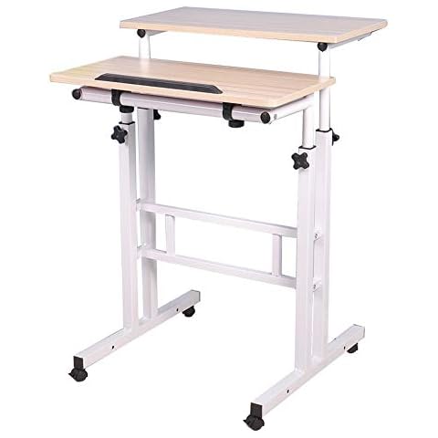 Mobile Stand Up Desk, FOME Height Adjustable Laptop Desk with Wheels Rolling Workstation Stand up Workstation Rolling Presentation Cart with Tiltable Panel Board Standing and Seating 2 Modes Cover