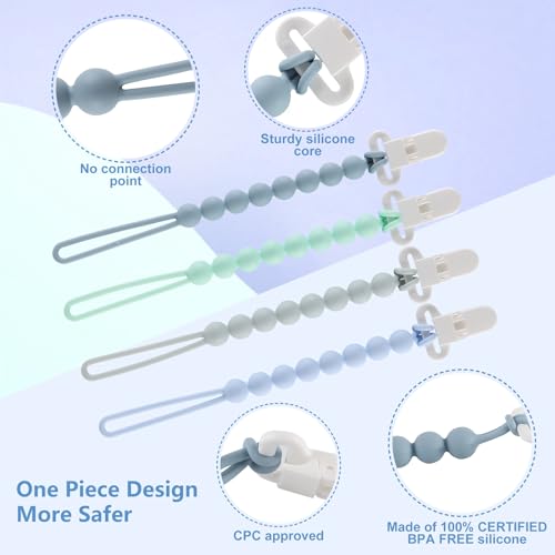 4-Pack Silicone Pacifier Clips with One-Piece Beads for Baby Boys and Girls - Flexible and Rust-Free Holders for Teething Relief and Baby Essentials, Safe for Newborns (Blue)