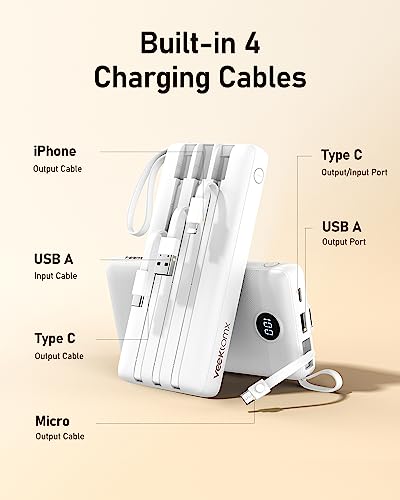VEEKTOMX Power Bank 20000mAh Powerbank con Cavi Integrati Caricatore Portatile USB C Batteria Esterna con 5 Uscite e 2 Ingressi Compatibile con iPhone Samsung Huawei Xiaomi (20000mAh-Bianca)