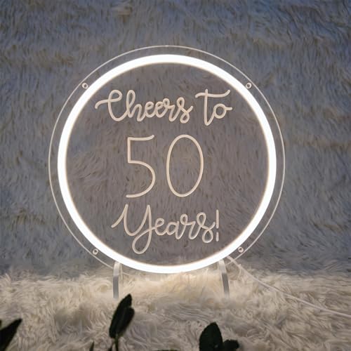 Image of Cheers to 50 Years Neon Signs for Wall Decor, 50th Anniversary Decorations LED Lights Sign 50th Birthday Decorations for Living Room Bedroom Bar Birthday Wedding Party Decor, 11 inch x 11 inch