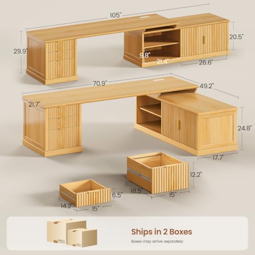 Image of SEDETA Fluted 70.9 inch L Shaped Desk with Drawers, Fluted Oak | Home Office Desk with Storage Cabinet and Storage Shelves,L Shaped Computer Desk with Power Outlet