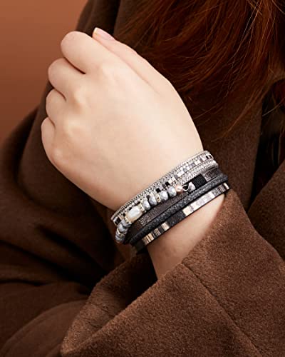 Leather Wrap Bracelet Boho Stackable Cuff Bracelets With Magnetic Clasp Accessories Jewelry Gifts For Women Teen Girls (Black(Elliptical Pearl)) #TOP3