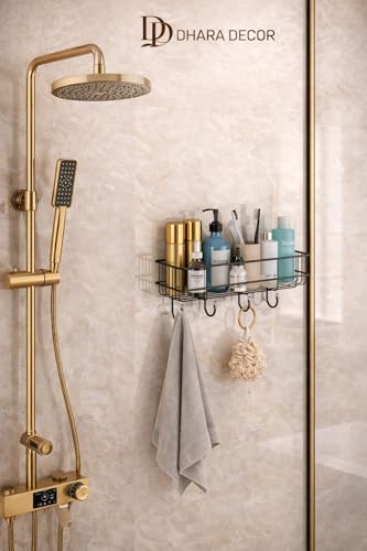 Image of Self Adhesive Multipurpose Bathroom Shelf and Kitchen Storage Rack Wall Mounted Towel Holder with Hooks Magic Sticker Bathroom Accessories Organizer Waterproof Rustproof Storage Shelves