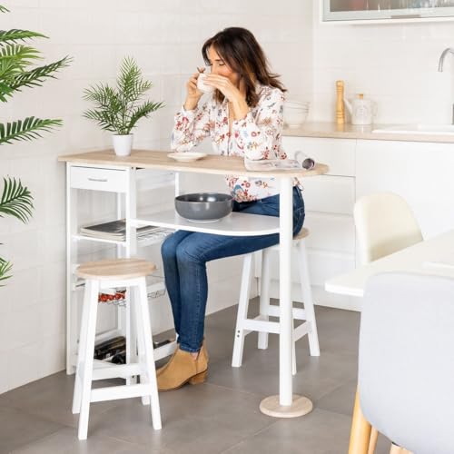 Miniatura 5 de Lolahome Conjunto De Mesa Alta Y 2 Taburetes Con 1 Cajón, 2 Estantes, Cesta Extraíble Y Botellero Para Cocina De Madera Blanco Y Natural De 120x89x37 Cm