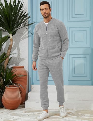 UOUA Men's Tracksuit 2 Piece Sets Casual Sweatsuit with Full Zip Athletic Jogging Suits Waffle Plaid Jacquard Outfits3