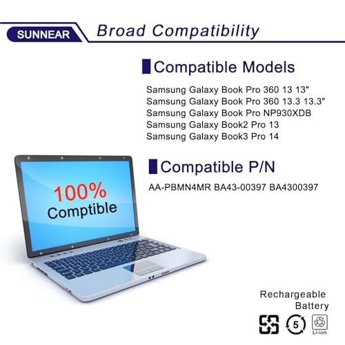 Image of AA-PBMN4MR 63Wh Laptop Battery Replacement for Samsung Galaxy Book Pro 360 13 NP930XDB NP935XDB NP930XED NP930XDB-KD NP930XDB-KF Book2 Pro NP930XED 15.44V 4081mAh