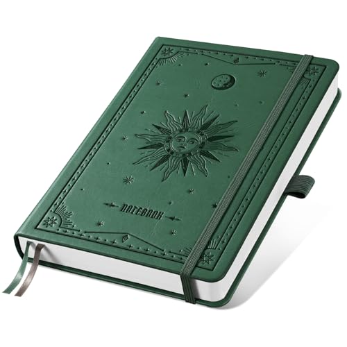 Image of EMSHOI Lined Journal Notebook, 192 Numbered Pages, A5 Size (5.7'' x 8.3'') | Leather Hardcover, 100 GSM Thick Paper, for Women & Men, Journaling, Writing, Work & Office, Sun Debossed (Dark green)
