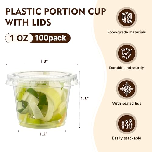 Image of YEEHAW 100 Sets - 1 oz Jello Shot Cups with Lids, Portion Cups, Clear Disposable Plastic Jello Shot Cups for Meal Prep, Salad Dressing, Souffle, Portion Containers