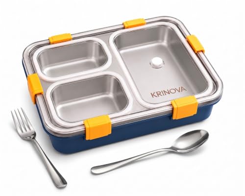 Image of 3 Compartment Stainless Steel Lunch Box with Spoon & Fork | Leak Proof Bento Tiffin Box for Kids & Adults | Food Grade Container for Office, School, College & Traveler