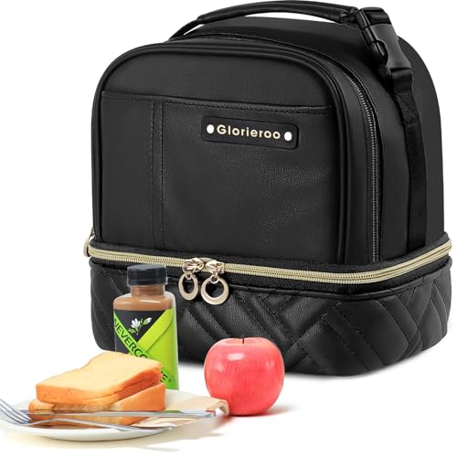 GLORIEROO Lunch Box Bag Women Girls - Double Deck Vegan Leather Insulated Waterproof Leakproof Cooler for Work Travel Picnics - Back to School Teacher...