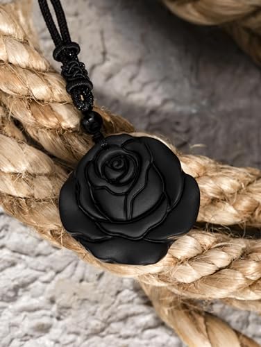 MINACHI Gothic Black Obsidian Rose Floral Pendant Necklace with Braided Cord, Gothic Jewelry Gift for Women4