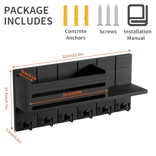 SWTYMIKI Key Holder for Wall - Key Hooks Wall Mounted with Shelf Includes Letter Holder & 6 Hooks, Key Hanger Racks with Mail Organizer for Living Room, Kitchen, Office, Entryway, Bedroom(Black) - Image 2