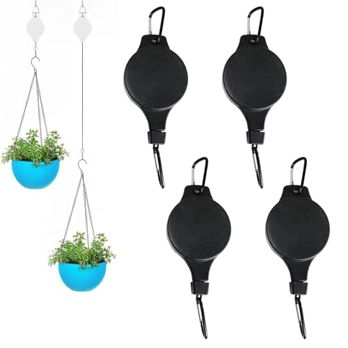 4PCS Plant Pulley Retractable Pulley Plant Hanger Hanging Flower Basket Hook Adjustable Retractable Plant Pulley Hangers - Versatile Height Hooks for Hanging Baskets, Flower Pots, and Bird Feeders