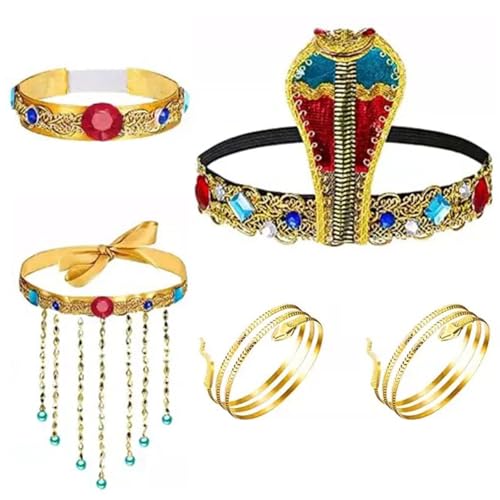 dinghaole 5Pcs Accessoires Vestimentaires Égyptiens - Ancien Costume Pharaonique Inspiré De Cléopâtre, Y Compris La Coiffe Cobra, Collier De Perles...
