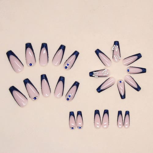 Long Fake Nails Coffin French Tip Press On Nails Blue Rhinestone False Nails With Butterfly Charm Designs Full Cover Acrylic Nails Glitter Glue On Nail For Women 24Pcs #TOP2