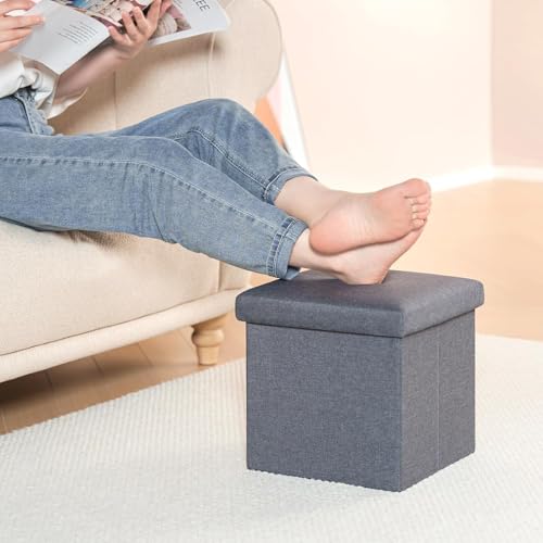 Image of JUGTE Folding Storage Ottoman, Long Sofa Bench, Fabric Linen Footrest Stool for Makeup Cosmetic Laundry, Toys Storage Organizer Bin Box with Lidded Cover (Grey)