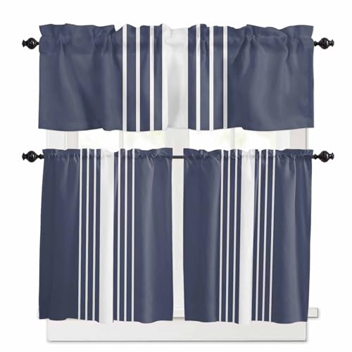 Vintage Striped Kitchen Curtains 36 Inch Length, 3 Piece Rod Pocket Small Half Tiers and Valance Set, Midnight Blue Modern Simple Lines Small Large Window Treatment Decor for Bedroom/Bathroom Sink