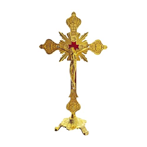 Crocifisso in piedi con base, 25,4 cm, da tavolo, in metallo, crocifisso cattolico con Gesù, crocifisso in oro antico, per la casa, decorazione della cappella, regali religiosi