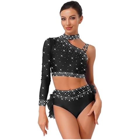 Linjinx Womens Ballet Dance Rhinestone Outfit with Feather Briefs Ice Skating Lyrical Dancewear Costume Black Small Cover