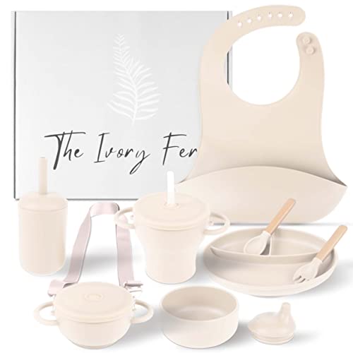 Image of The Ivory Fern Silicone Baby Feeding Set,Baby Plates and Bowls Set, Bib, Convertible Drinking, Snack Cups, Feeding supplies