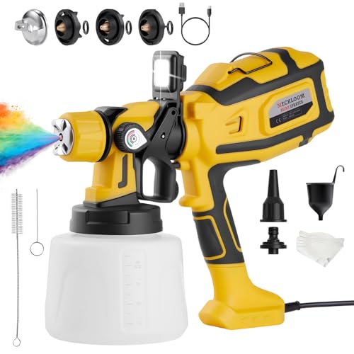 Image of Paint Sprayer, 1000W HVLP Spray Gun for Stain & Furniture, Yellow | 1400ML sprayer with 3 brass nozzles, 3 patterns, adjustable flow, dust blowing head and easy-clean adapter