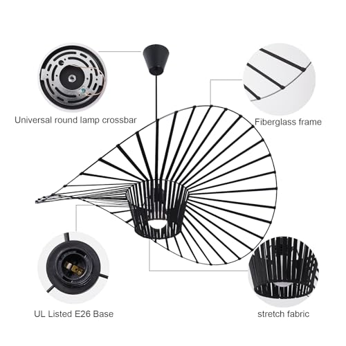 Image of Modern Black Woven Chandelier, 39.37 inch Farmhouse Coastal Hat Pendant Light Fixtures Matte Black Handwoven Shade Boho Pendant Hanging Lamp for Kitchen Dining Room Bedroom Foyer Hallway