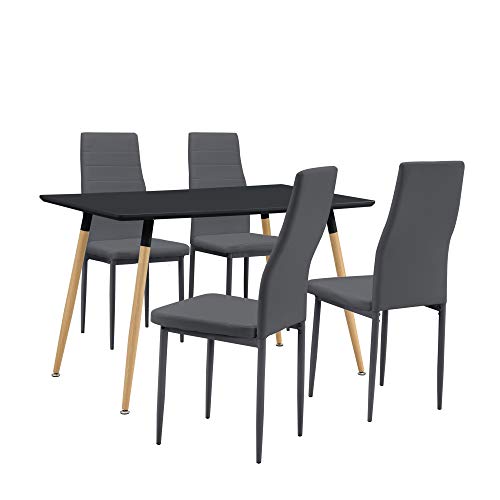 [en.casa] Mesa de Comedor/Mesa de Cocina (120x70cm) con 4 sillas tapizadas de Cuero sintético - Negro - Conjunto de Comedor - Ahorra con Este Set