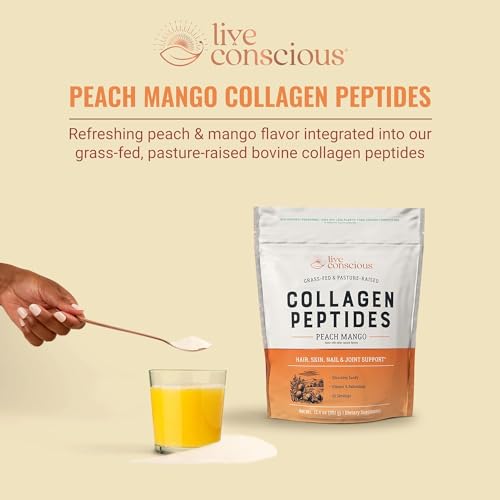 Image of Live Conscious Collagen Peptides Powder - Peach Mango Flavored Collagen Powder - Hair, Skin, Nail, & Joint Support - Type I & III Grass-Fed Collagen Supplements for Women and Men (2-Pack)