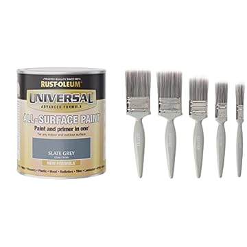 Rust-Oleum Universal Gloss Slate Grey 750ml AMZ0117 and Harris Essentials Walls & Ceilings Paint Brush Set | Pack of 5 | 0.5", 1", 1.5", 2"
