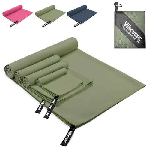 Vikcvcsc Set di 4 Asciugamano Microfibra,160x80cm+2pcs 80x40cm+40x30cm Asciugamano Palestra,Asciugamani ad Asciugatura Rapida da Spiaggia,Telo Mare Microfibra per Viaggio(Verde Oliva)