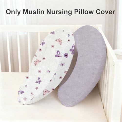 Image of Little Grape Land Muslin Nursing Pillow Covers 2 Pack, 100% Cotton Removable Breastfeeding Pillow Covers, Feeding Pillow Slipcovers for Baby Boys & Girls, (Purple Butterfly & Purple)