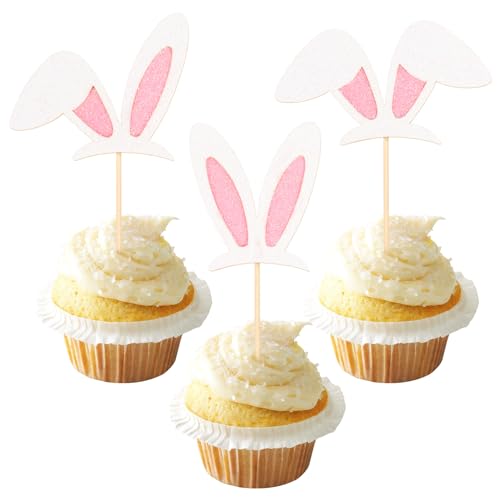 Xsstarmi Paquete de 24 adornos para cupcakes con orejas de conejo con purpurina, orejas de conejo de Pascua, decoración para decoración de pasteles con temática de feliz Pascua, baby shower,