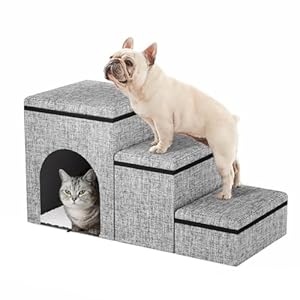 Dog Stairs with Storage, 3-Step Wider Dog Steps with Condo for Dogs and Cats, Pet Stairs for High Bed Climbing, Grey