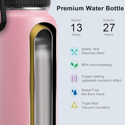 Image of Koodee Water Bottle with Straw 32 oz Stainless Steel Double Wall Vacuum Insulated Wide Mouth Water Flask-Reusable Metal Sports Water Bottle for Women (Light Pink)