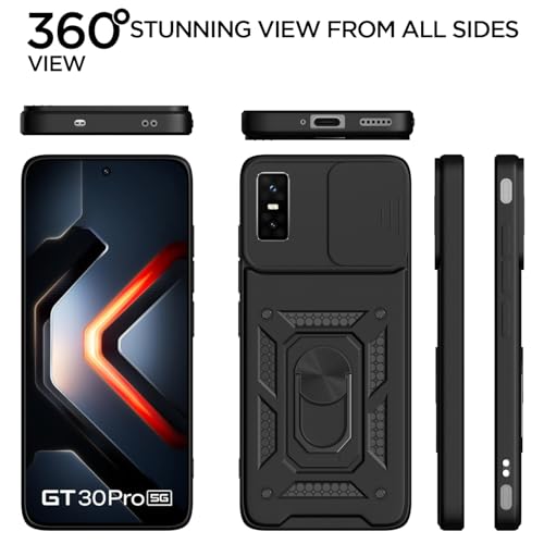 Image of Pikkme Back Cover for Infinix GT 30 Pro 5G | 360 Protection Case | Sliding Camera Shield Cover & Ring Holder Stand D10 Tough Armor Bumper Case (Black)