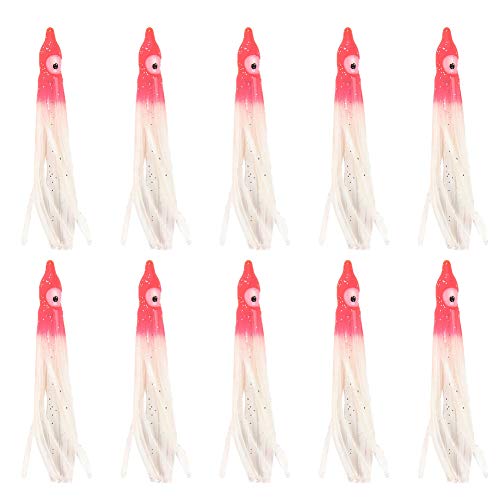 RIsxffp 10Pcs 9cm SimulacióN Cebo Pesca Pulpo de Calamar Artificial Señuelos de Cebo Suave Accesorios Red + White