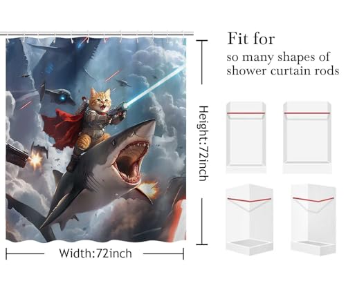 Image of Funny Shower Curtain, Hilarious Cool Cat Shower Curtain, Blue Cool Cat Riding Shark Ocean Wave Shower Curtain for Bathroom, Funny Kids Boy Shower Curtain Sets, with Hooks 72x72 Inch