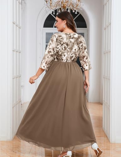 Image of ZOMVA Plus Size Maxi Formal Dress Lace Chiffon Floral V-Neck Wrap Wedding Guest Evening Gown Cocktail Prom 3 /4 Sleeves