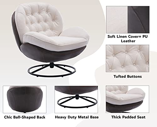 Guyou Swivel Chair With Ottoman, Modern Linen Living Room Lounge Chair Swivel Arm Chair With Footrest Heavy Duty Base Support For Living Room Bedroom Reading Room Home Office (White And Brown) #TOP4