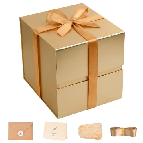 Image of LIFELUM Gold Square Gift Box with Magnetic Closure 8.6 x 8.6 x 8.6 inch, 1 Pack Luxury Gift Box Includes Ribbon, Card, Shredded Paper Filler for Graduation, Birthday, Wedding Gifts