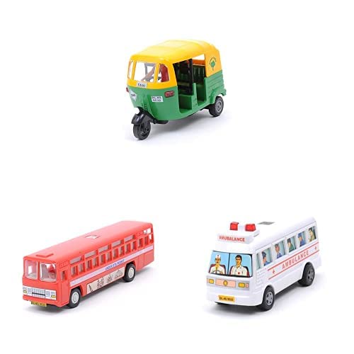 Centy Toys CNG Auto Rickshaw, City Bus, Mini Ambulance Pull Back Vehicles (Multicolor), Kid