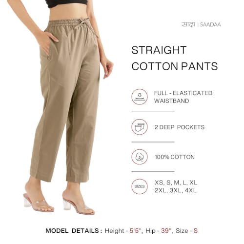 Image of SAADAA Cotton Straight Pants for Women | Breathable Everyday Wear Trousers | Drawstring, Deep Pockets & Elastic Waistband | Casual & Comfortable Fit