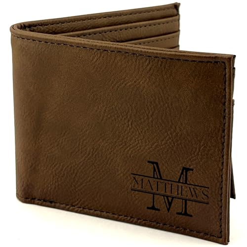Personalized Name Faux Leather Wallet for Men | Customized Laser Engraved Slim Bifold Wallet for Men with Flip ID for Bills, Cards | Custom Father's Day Gifts for Dad, Birthday Gift for Man, Husband