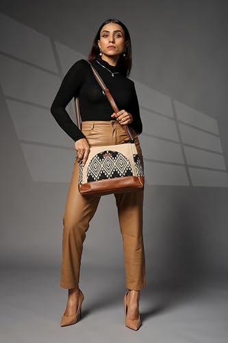Image of ENSAC Women's Premium Cotton /Full Sling Shoulder Bag | Ladies Purse Handbag | Special & Luxury Gift (SLING-U LEAF-DARK BROWN)