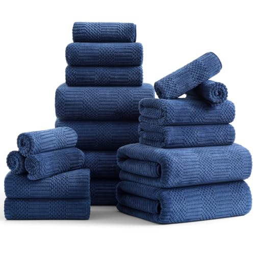 18 Pcs Navy Woven Family Towels Set-6 Bath Sheets,6 Hand Towels,6 Washcloths Soft Microfiber Towels Absorbent Shower Towel Quick Dry Beach Chair Towel Lint Less Towels Set for Bathroom Spa Gym Hotel