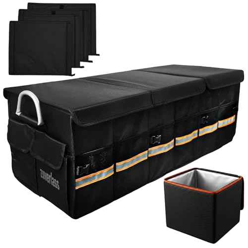 zuverlass Car Trunk Organizer with Cooler, Collapsible Trunk Cargo Organizer for SUV, 90L Trunk Organizer with Lid, 3 Compartments, 4 Removable Dividers, Large Car Storage Box for Truck Sedan
