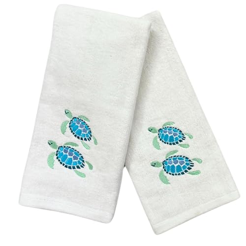 Coastal White Guest Hand Bathroom Towels, Aqua Blue Sea Turtles, 16x25"