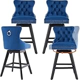 Modern Swivel Bar Stools Set of 4, 25.9' Blue Counter Height Bar Stools with Back for Kitchen Island, Velvet Upholstered Island Chairs with Wood Legs, Barstool Chairs, Sillas para Barra de Cocina