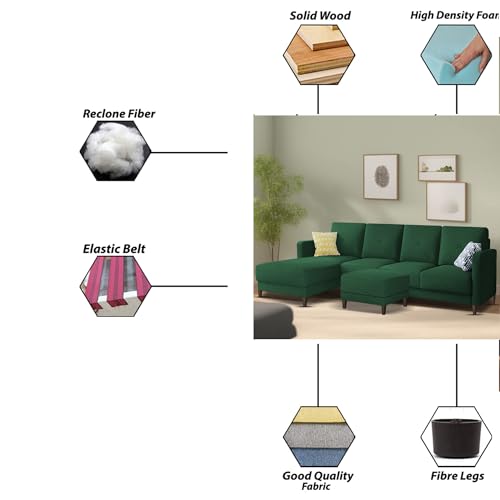 Image of Baloney LHS 6 Seater L Shape Sofa Set with Center Table for Living Room (Green Fabric) Premium Fabric Sofa
